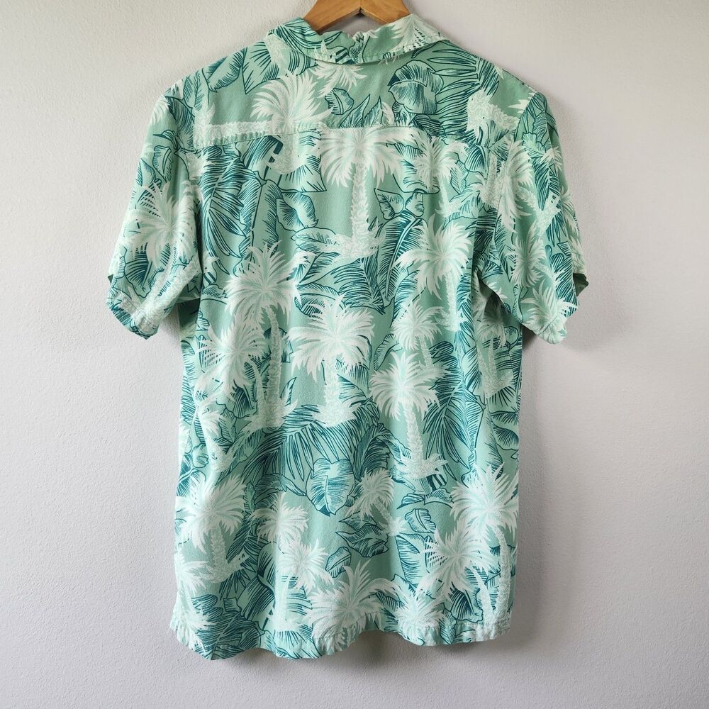 Vintage Rayon Bermuda Casuals Haband Shirt Button Front Green Aloha Palm Print